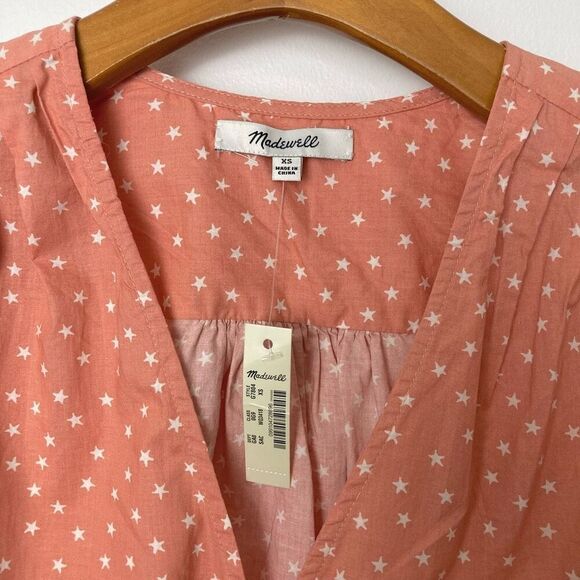 Madewell Star Scatter Wrap Top Peach Blush 100% Cotton 3/4 Sleeve‎ Tie Waist XS - Picture 9 of 10